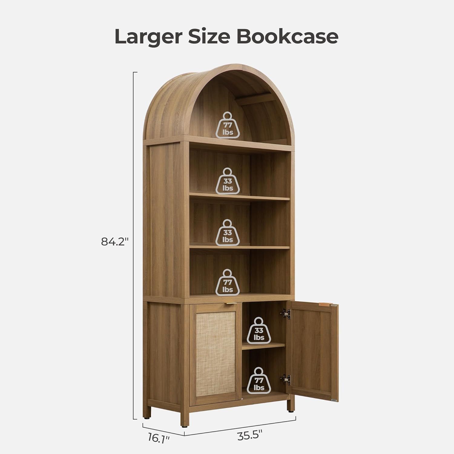 Book Shelf Arched Cabinet Bookshelf Arch 84.2" Tall Bookcase 5 Tier Large Bookshelves with Doors Storage Rattan Boho Wide Book Shelves Case for Living
