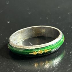 Vintage Ring Green Enamel Stacking Size 7 Silver 925 Golden Flowers