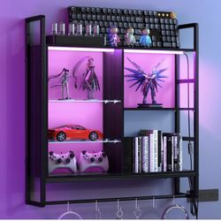 NEW IN BOX-Gaming Floating Shelves, 34" LED Wall-Mounted Shelf with Adjustable Glass Shelf, 5-Tier Gaming Shelves Hanging Display Rack with 6 S-Hooks 
