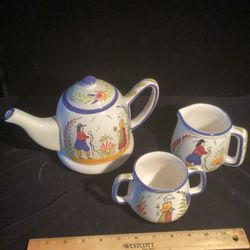 Hand Painted In Portugal Tea Pot With Creamer & Sugar Bowl