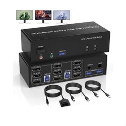 USB 3.0 HDMI + 2 DisplayPort KVM Switch 3 Monitors 2 Computers, 4K@60z Triple Monitor KVM Switch for 2 Computers Share 3 Monitors with 3 USB 3.0 Ports