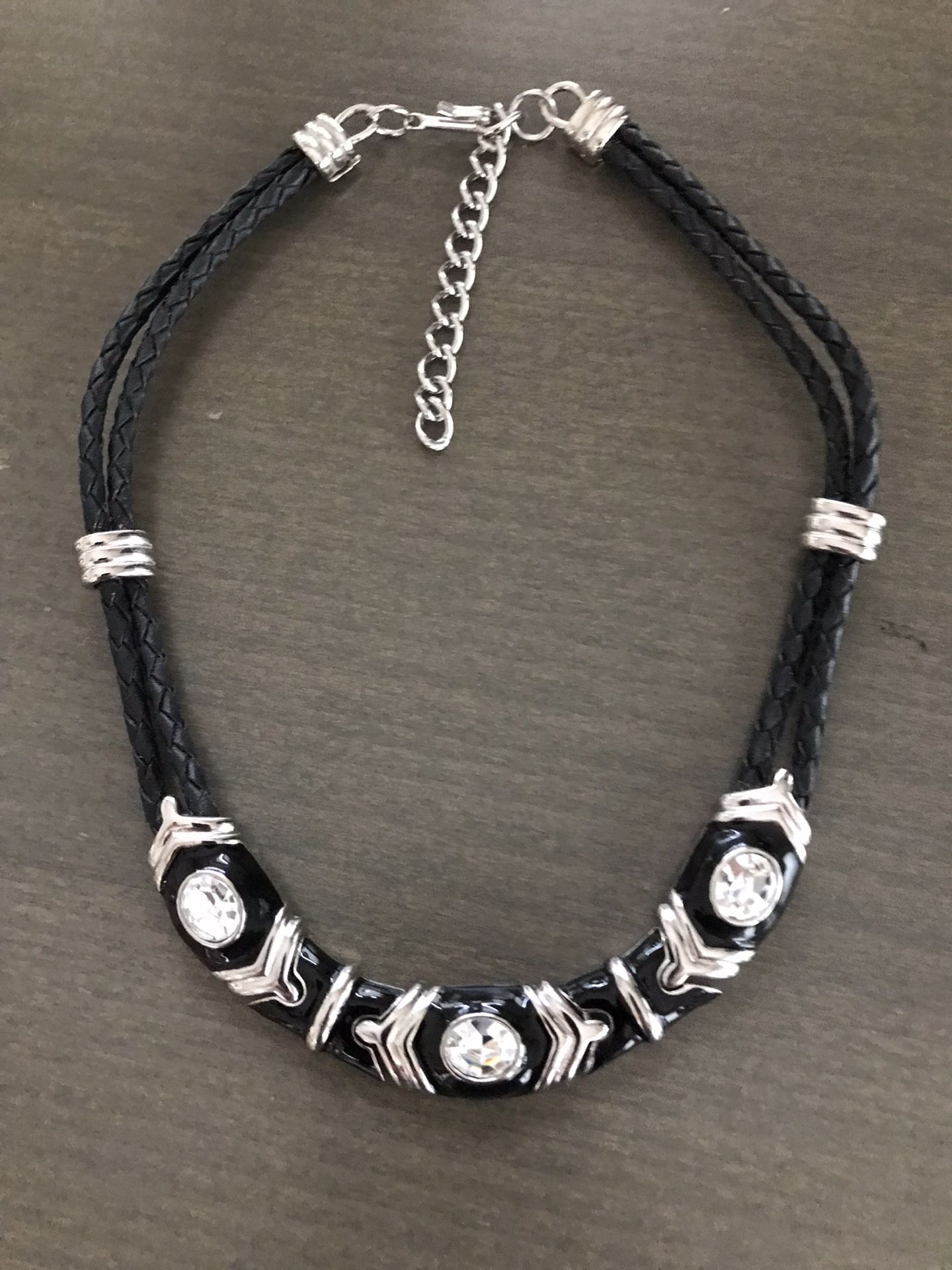 NOLAN MILLER Necklace Leather  Cord,Black Enamel ,Clear Crystals 