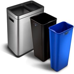 Home Zone Living 13 Gallon Kitchen Trash Can, Dual Removable Liners for Recycling and Trash, Wide Stainless Steel Shape, Open Top, No Lid Design (8 + 