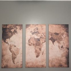 Three Panel Decorative World Map