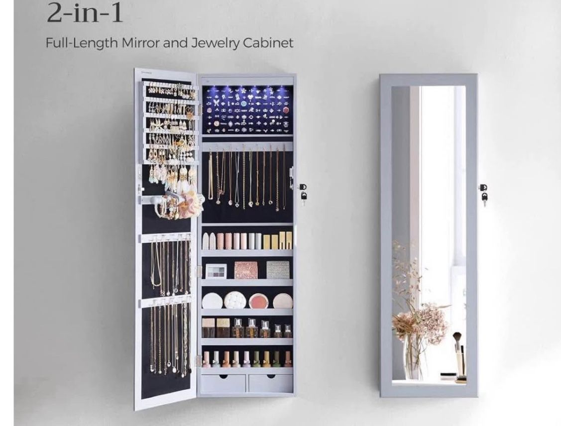 6 LEDs Mirror Jewelry Cabinet, 47.2-Inch Tall Lockable Wall or Door Mounted Jewelry Armoire Organizer with Mirror, 2 Drawers, 3.9 x 14.6 x