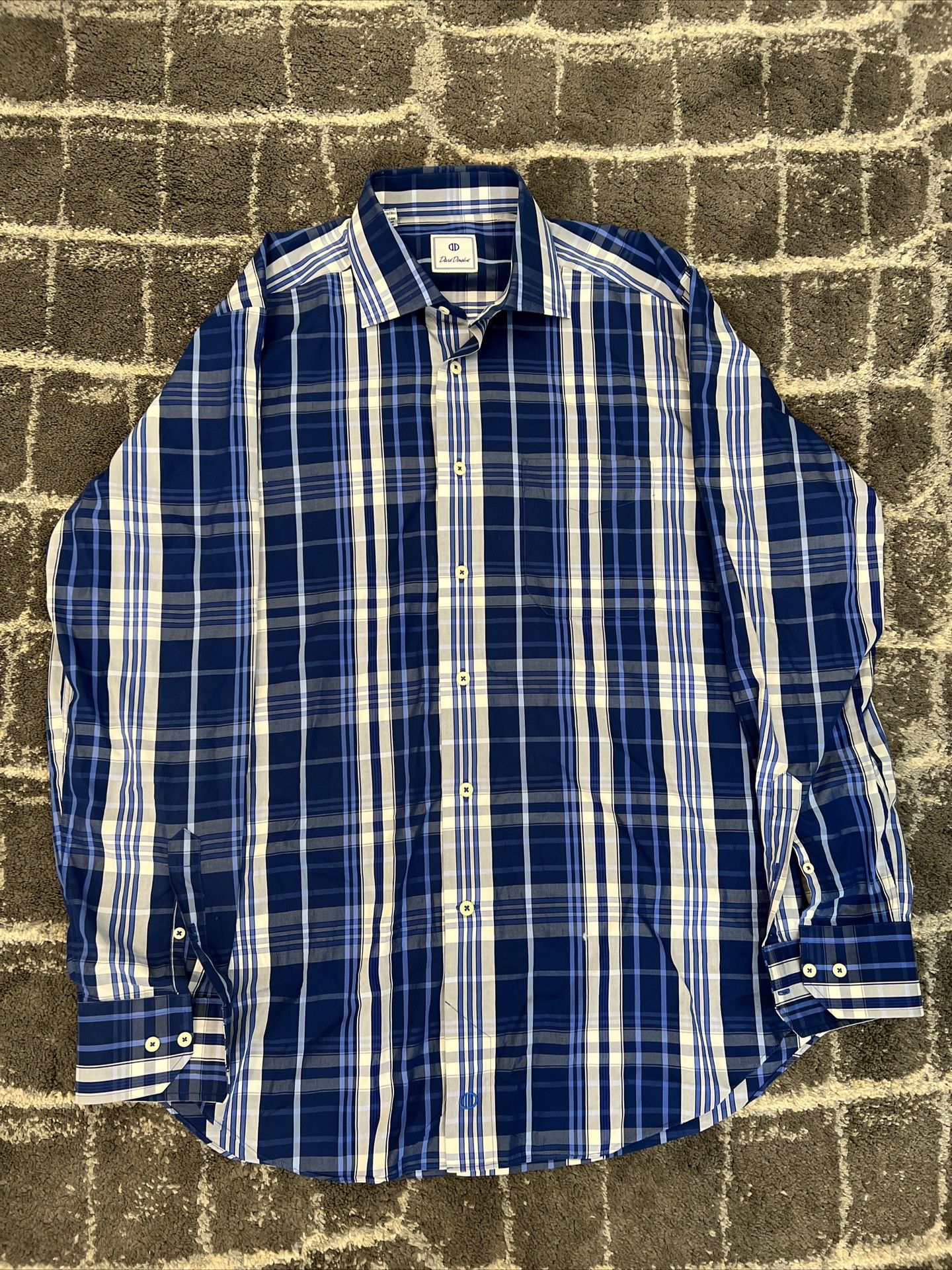 David Donahue Dress Shirt | Mens Size L | Long Sleeve | Blue & White Plaid NICE