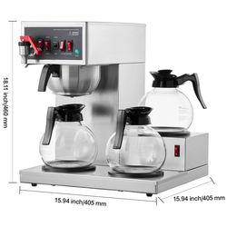 12 Cups Commercial Drip Coffee Maker with 3 Glass Carafes and 3 Warmers
