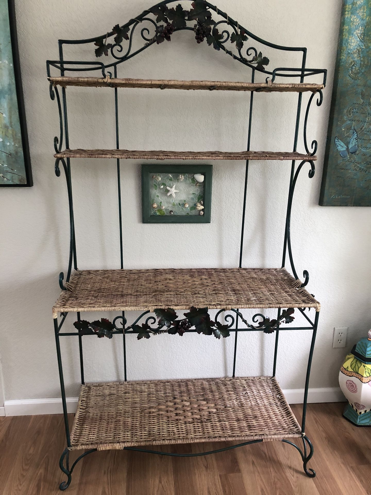 Bakers rack/ shelves /stand. Rattan and rod iron