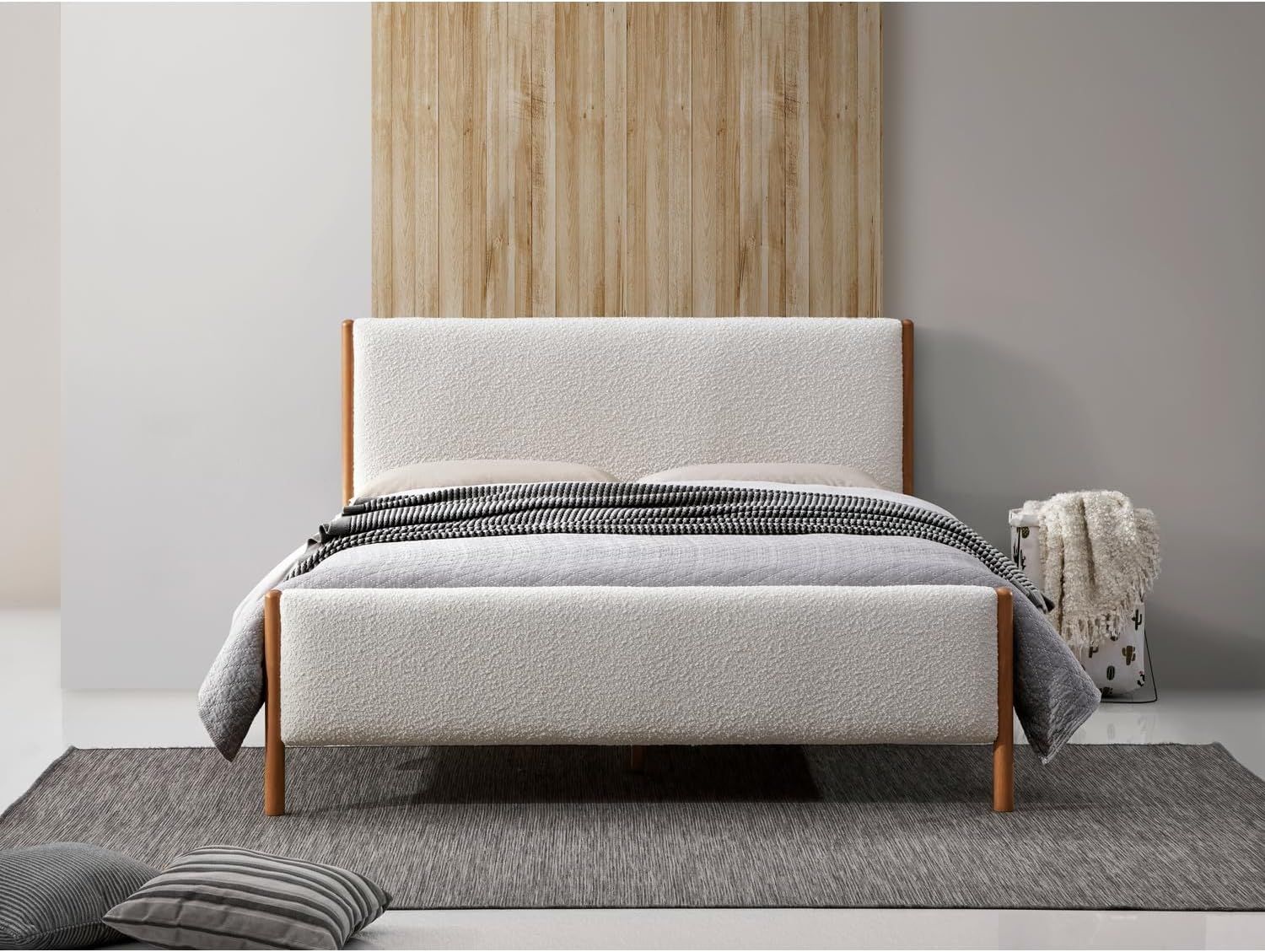 Liana Modern Style Upholstered Platform Bed with Soft Boucle Fabric and Solid Wood Legs 