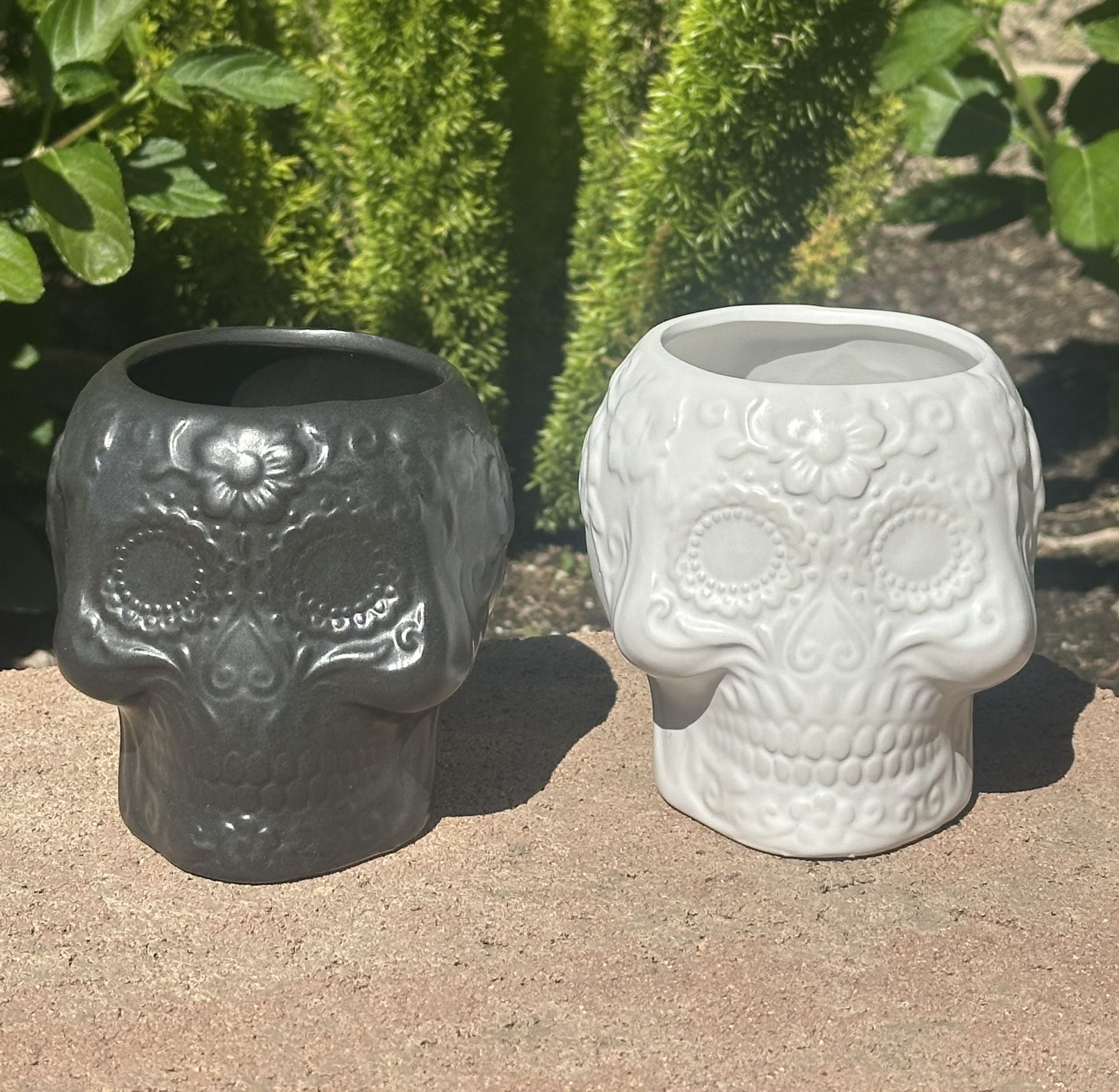 Set of 2 Ceramic Sugar Skull Succulent Planter Small Plant Pot Day of the Dead Decor