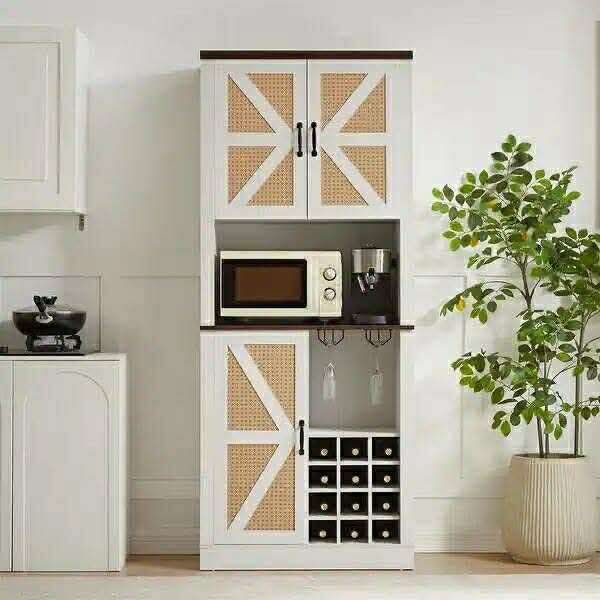 76'' Tall Rustic Farmhouse Kitchen Faux Rattan Wine Cabinet, Large Wooden Faux Rattan Storage Cabinet with Barn Doors and Microwave Shelves, White