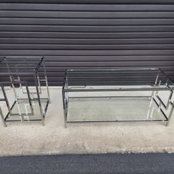Mid Century  / Hollywood Regency Coffee Table and 1 Matching End Table  Glass Top and Lower Shelf on Each.
