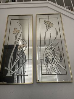 Pair Of 80’s-90’s Mirror Frosted Flower Gold Art