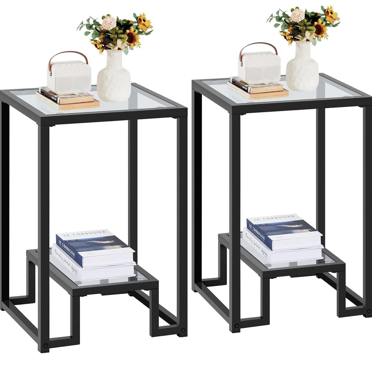 Glass Side Table Set of 2, Modern Tempered Glass End Table with Open Shelf and Strong Metal Frame, Heavy-Duty Telephone Table Small Coffee Table Night