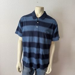 Men's Blue Striped Polo Shirt Short Sleeve 100% Cotton Size XL