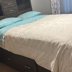 Queen bed with under bed drawers for storage, mattress, And Nightstand And Cabinet