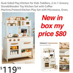 New in box Dual-Sided Play Kitchen for Kids Toddlers, 2-in-1 Grocery Store&Wooden Toy Kitchen Set with Coffee Machine,Pretend Kitchen Play Set with Mi