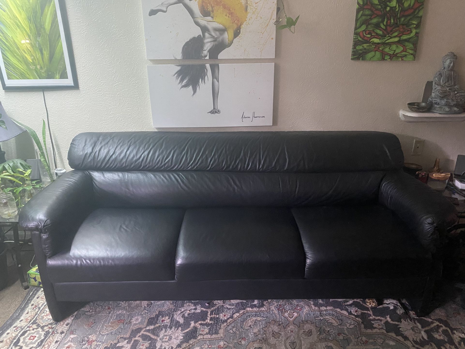 Black Leather Couch with Cover