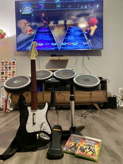 Xbox 360 Rock Band & Guitar hero Wireless  Guitar Drums Mic Game complete Bundle