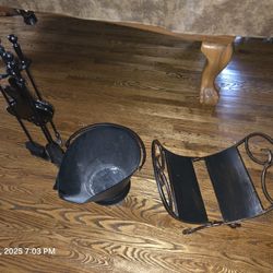 Fireplace Tools, Bucket & Wood Holder 