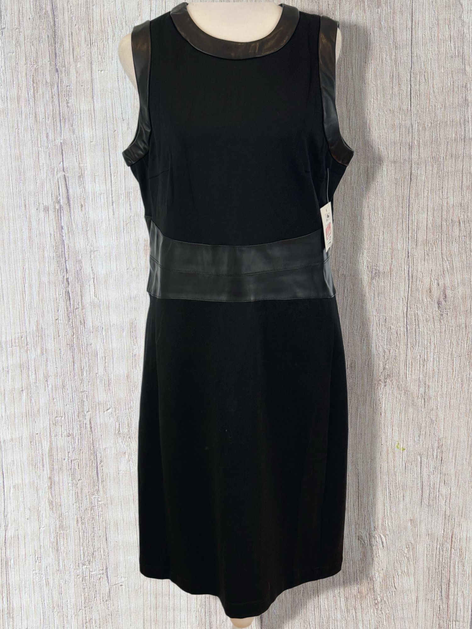 NWT Ellen Tracy 2025 Black Sheath Dress Faux Leather Trim Sleeveless, Sz.L