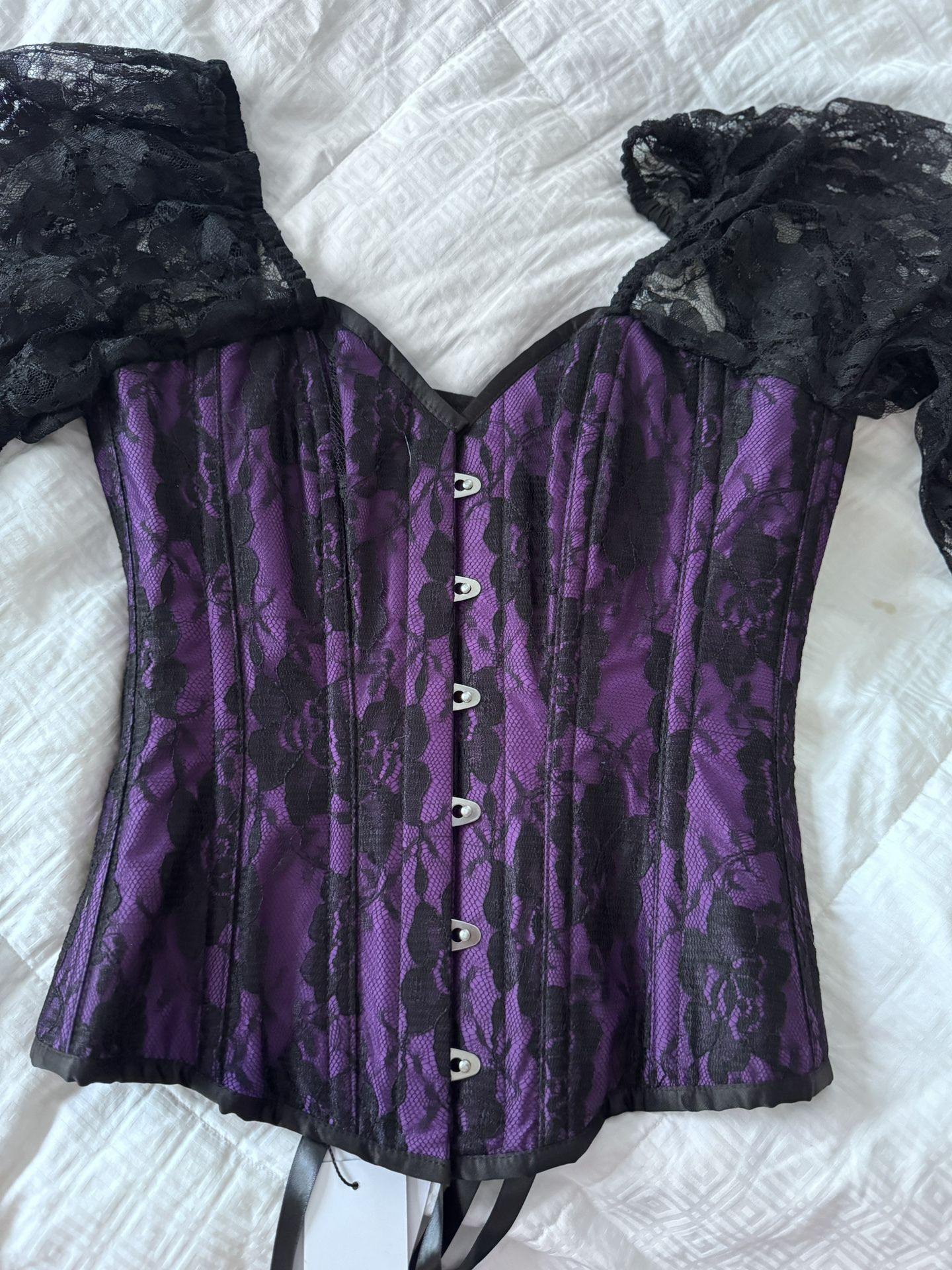 Top Drawer Purple w/Black Lace Steel Boned Long Sleeve Corset