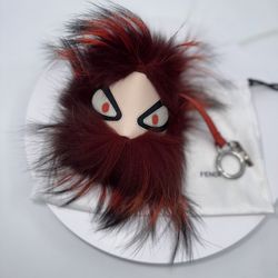 Fendi Red Fur Monster Bag Bug Leather Key Chain Bag Charm