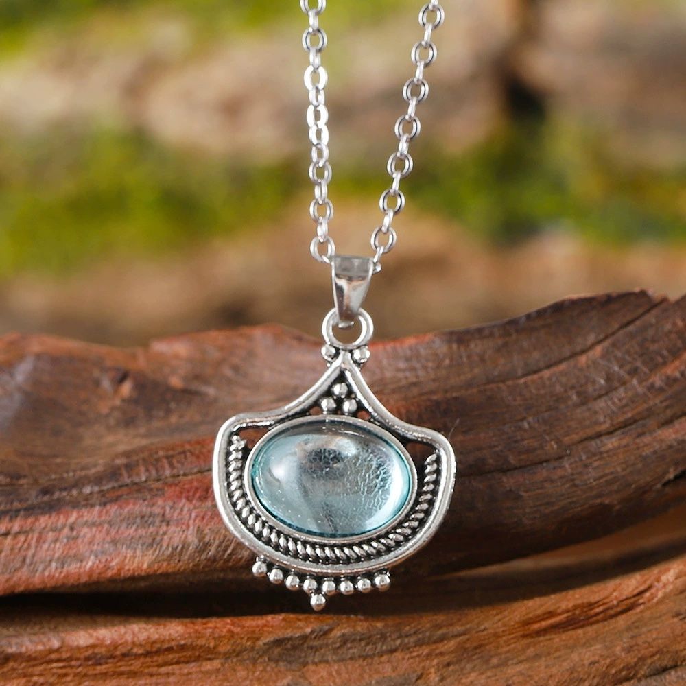 Jewelry Retro Blue Oval Gem Pendant Palace Style Necklace Earrings Bohemian Personality