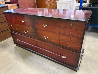 Vintage Cherry Lacquered 6 Drawer Dresser with Mixed Brass Pulls