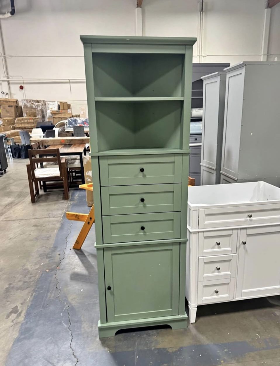 Newly assembled 69" H Tall Corner Cabinet with Adjustable Shelves and Drawers
