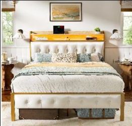 Queen Platform Bed Frame with Tufted Headboard