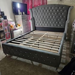 Brand New In box Gray Velvet Queen Size Platform Bed Frame Special