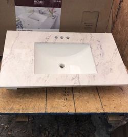 Home Decorators 37 in. W x 22 in. D Engineered Stone Composite White Rectangular Sink Vanity Top and back splash