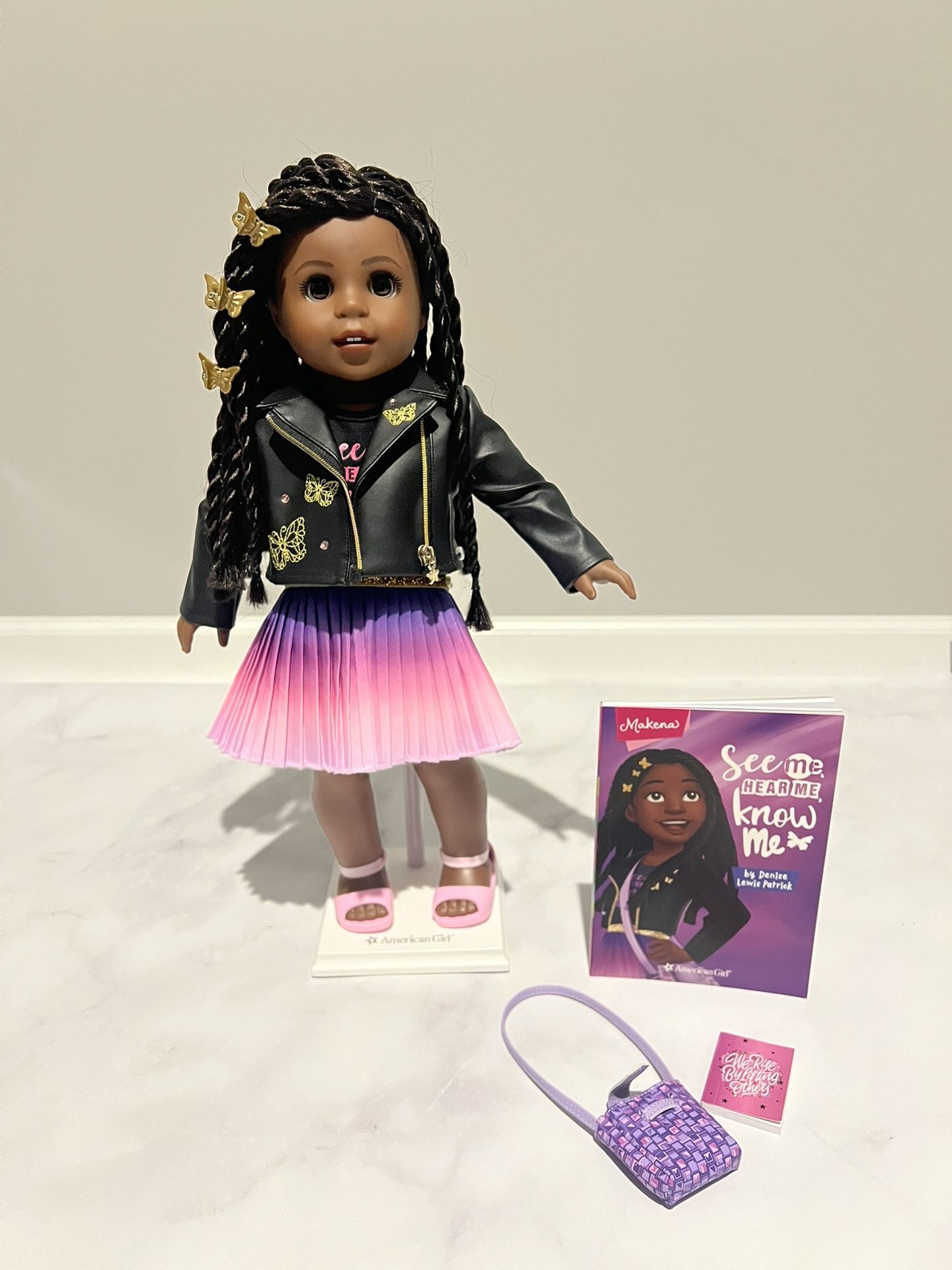 American Girl Makena Doll & Book (WITH Leather Jacket & Purse!) + Nicki Red/Black Vinyl Outfit Bundle