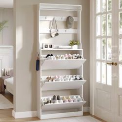 Wodeer Tall Shoe Cabinet with Coat Rack, Hidden Shoe Storage Cabinet with Doors & Drawer, Hanging Bar & Hooks, Slim Narrow Freestanding Shoe Rack Orga