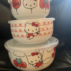 Hello Kitty Valentines Day Set Of 3 Ceramic Food Storage Bowls With Vented Lids New 