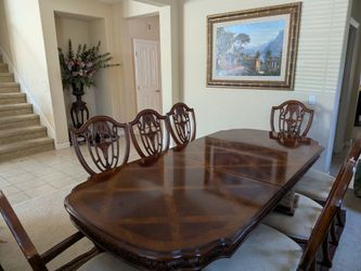Universal Furniture 10pc Mahogany Dining Suite - Marble Top Buffet & 8 Chairs, Diamond parquet dining table