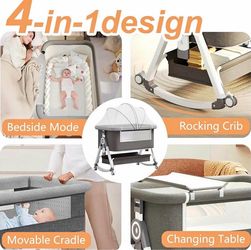4 in 1 Baby Bassinet Bedside Sleeper, Rocking Bassinets with Wheels and Comfy Mattress, 6 Height Adj