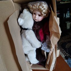 Porcelain Doll  With A Bear 25.00