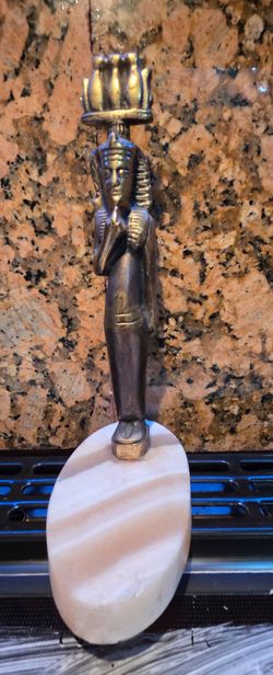 Vintage Egyptian Revival Brass Statue on Onyx Base – Mid Century Decor