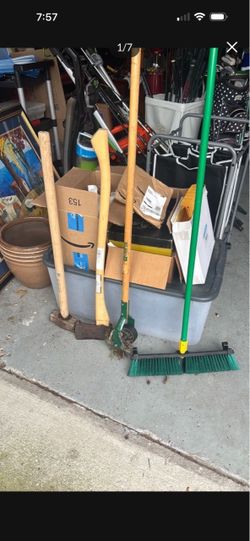 Yard Tool Lot – Axe, Cultivator, and Broom