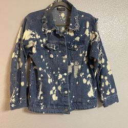 women's blue white distressed button up jean denim oversized jacket size small