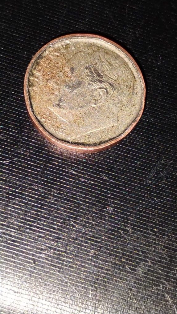 19?? Dime Stamped On Penny Planchette Very Rare