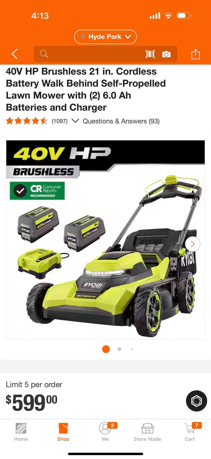 40V HP Brushless 20 in. Cordless Electric Battery Walk Behind Self-Propelled Lawn Mower with 6.0 Ah Battery and Charger