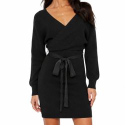 CHERFLY Goth Ribbed Knit Wrap Dress Batwing Sleeve Backless Black Sweater Small