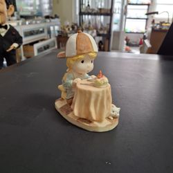 Whimsical Bow With Baseball Cap Eating Ice Cream Cake & Cat Peeking Out From Under Figurine, Resin 4.75"H X 4.25"L