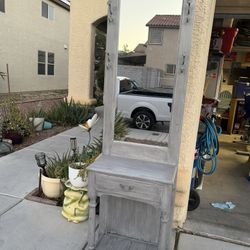 Distressed Grey Hall Tree Mirror w Hooks & Drawer