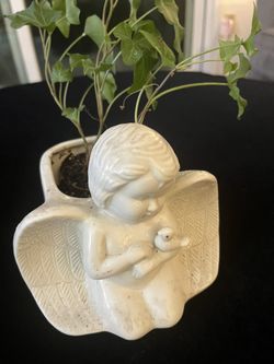 Adorable Angel Holding A Dove With English Ivy & Spring Faux Lavender With Yellow Flowers For You Or Someone Special 