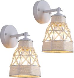 Wall Sconces Set of 2-Dijiahua, White Rattan & Hemp Rope, Boho Farmhouse, Indoor Lighting