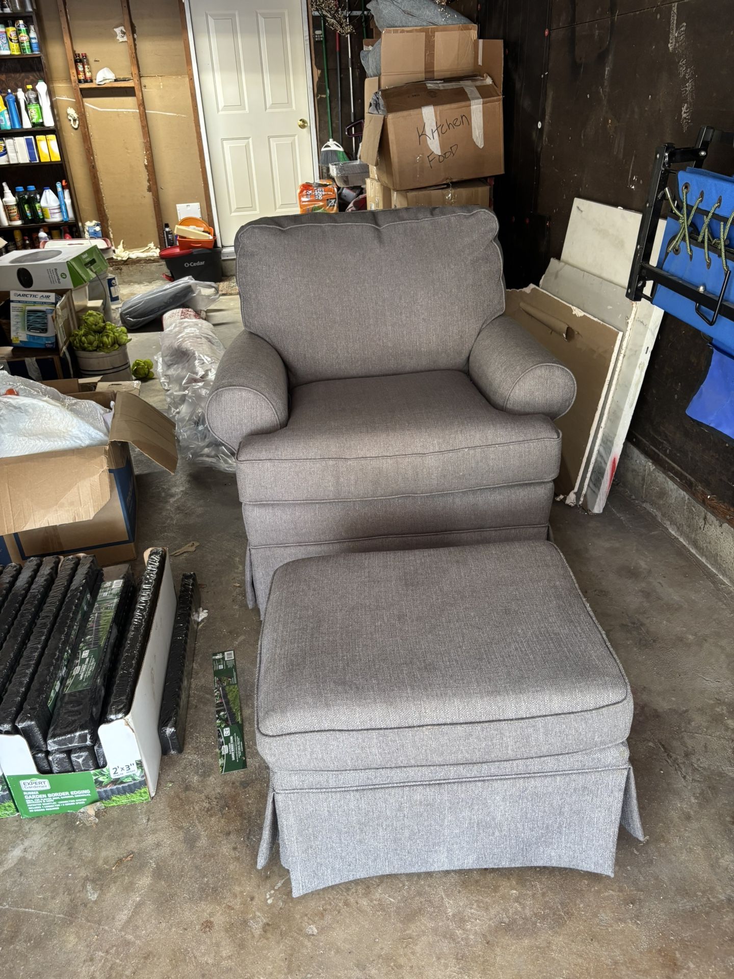 Gray Cloth Living Room Chair And Ottoman In Very Good Condition 